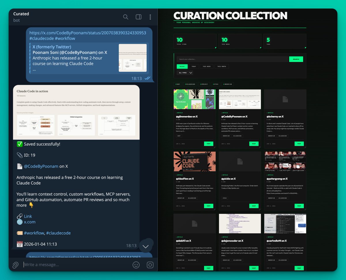 i built an internal curation bot + website using Claude Code! 

it's a personal telegram bot + webapp that turns your random saved links into an organized, searchable collection, with minimal context-switching

you know that feeling when you find a great article, tweet, or