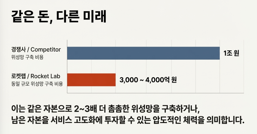 rklb_invest's tweet photo. SpaceX와 로켓랩, 그리고 블루오리진의 "패시브 스킬(Passive Skill)"은 과연 무엇일까? 

수직 계열화가 완성된 기업은 숨만 쉬어도 경쟁자보다 앞서 나가는 구조

우리는 그게 뭔지 정확히 이해해야해.

1️⃣ '이중 마진(Double Marginalization)'의 제거: "원가로 싸우는 깡패"

일반적인 경쟁사(A사)가 위성 서비스를 하려면 겪어야 하는 과정은 다음과 같아. 

부품사 마진(15%) + 위성 제조사 마진(15%) + 발사체 기업 마진(20%) + A사의 마진(??)

경쟁사 A는 남들의 '이익(Margin)'*이 덕지덕지 붙은 가격을 '비용(Cost)'으로 지불해야하지. 

쉽게 말해서, 비용으로 다 나가고 마진은 작다는 거야. 

반면, 로켓랩(End-to-End)은 이 모든 단계가 '내부 거래'로 이뤄지지. 

위성 부품? 원가(Cost)로 조달. 끝

발사? 원가(Cost)로 수행. 끝 

남들은 1,000억 원을 들여 궤도에 올릴 시스템을, 로켓랩은 400억 원(순수 원가)에 올릴 수 있어.

같은 서비스를 팔아도 남들이 적자를 볼 때 로켓랩은 흑자를 내는거지. 

이것이 바로 비용 구조의 패시브 스킬이야.

2️⃣ CAPEX(설비투자) 효율의 극대화: "내 돈 내고 타는 남의 발사체 vs 그냥 내 발사체"

지금 지구 저궤도에서 우주 서비스(예: 통신, 관측)를 하려면 수십, 수백 개의 위성을 쏘아 올려야 하지.

최소 수십~수백기는 기본이야.

이때 가장 큰 비용이 바로 '초기 구축 비용(CAPEX)'이지.

거의 대부분 발사 비용에서 발생해. 

>경쟁사: 위성군을 구축하려면 스페이스X 같은 발사체 기업에 거액의 발사 비용을 현금으로 꽂아줘야 해.

협상력도 없고, 부르는 게 값이지. 특히 원하는 궤도와 시기까지 조정해야 한다면 비용이 더 추가 되는거야. 

>로켓랩: 자사의 뉴트론 로켓을 사용하면 끝이야. 

장부상으로는 비용이 발생하지만, 실제 현금 흐름상으로는 '연료비와 운영비'만 내면 되지. 

경쟁사가 위성망을 구축하는 데 1조 원이 든다면, 로켓랩은 3~4천억 원이면 충분해.

같은 돈으로 2~3배 더 촘촘한 위성망을 깔 수 있는 체력, 이것이 두 번째 패시브 스킬이라고 볼 수 있지. 

결국 피터 벡과 일론, 제프 베조스가 그리는 그림은 단순히 "로켓을 싸게 쏜다"가 아니야.

이게 진짜 중요해.

▶️"우주라는 인프라를 건설하는 데 드는 비용(CAPEX)을 누구보다 낮게 만들어서, 그 위에서 벌어지는 모든 사업의 이익률을 독식하겠다"는 야망인거지.

로켓랩은 일렉트론으로, SpaceX는 Falcon9으로 이 패시브 스킬의 숙련도를 쌓아가고 있어. 

로켓랩의 뉴트론이 성공적으로 데뷔하는 순간, 이 스킬의 위력은 얼마나 강력할까?

아마 우리는 SpaceX의 Starship으로 먼저 확인하게 될거야. 

$RKLB @SpaceX