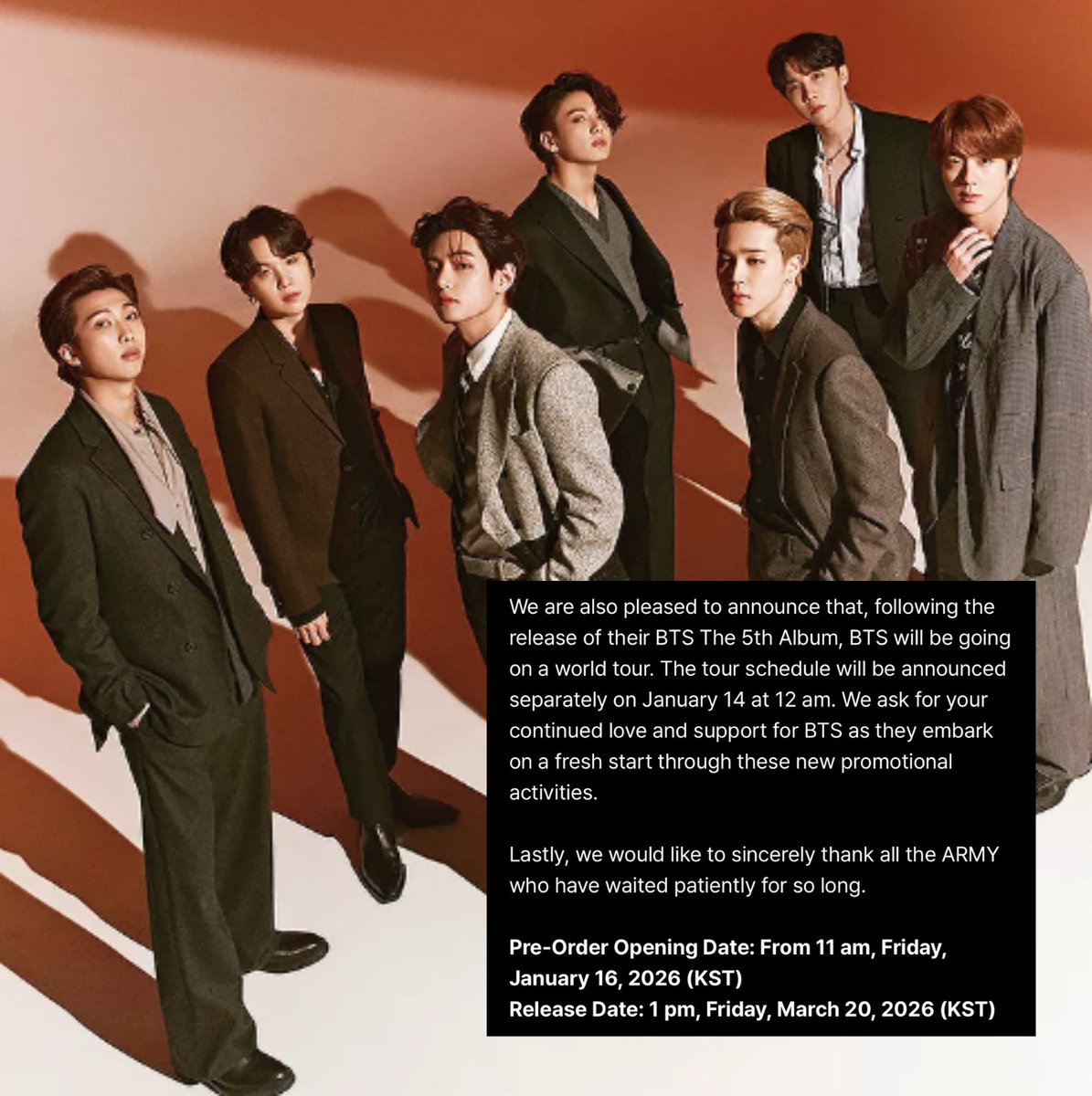BTS WORLD TOUR IS HAPPENING! BTS will announce their tour schedule on January 14 at 12AM!

The boy group will also make their highly-awaited comeback with their 5th album on March 20 at 1PM KST.