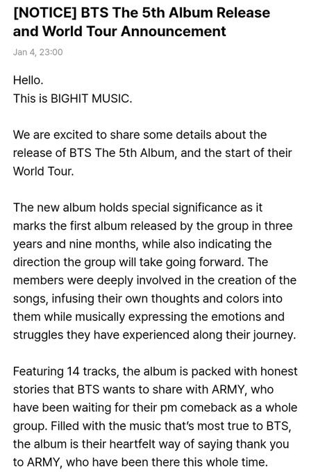 btschartsdailyc's tweet image. [NEWS] #BTS 5th Album Release and World Tour Announcement

- Pre-Order Opening Date: From 11 am, Friday, January 16, 2026 (KST)
- Release Date: 1 pm, Friday, March 20, 2026 (KST)

🏟️The tour schedule will be announced separately on January 14 at 12AM KST