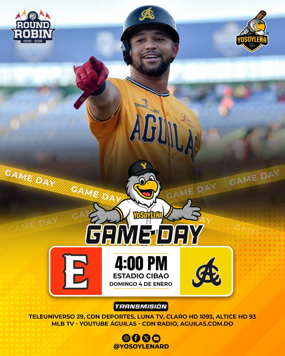 ¡JUEGO DEL DÍA! 

Nuestras <a href="/aguilascibaenas/">Águilas Cibaeñas</a> enfrentan hoy a <a href="/EscogidoBBClub/">𝐄𝐬𝐜𝐨𝐠𝐢𝐝𝐨 𝐁𝐚𝐬𝐞𝐛𝐚𝐥𝐥 𝐂𝐥𝐮𝐛</a> en casa. 

🕢 4:00PM    
🏟️ Estadio Cibao 
📺 CDN Deportes | Teleuniverso 29 
📻 CDN Radio 
🖥️ YouTube Águilas | MLB TV 

#YoSoyLeña