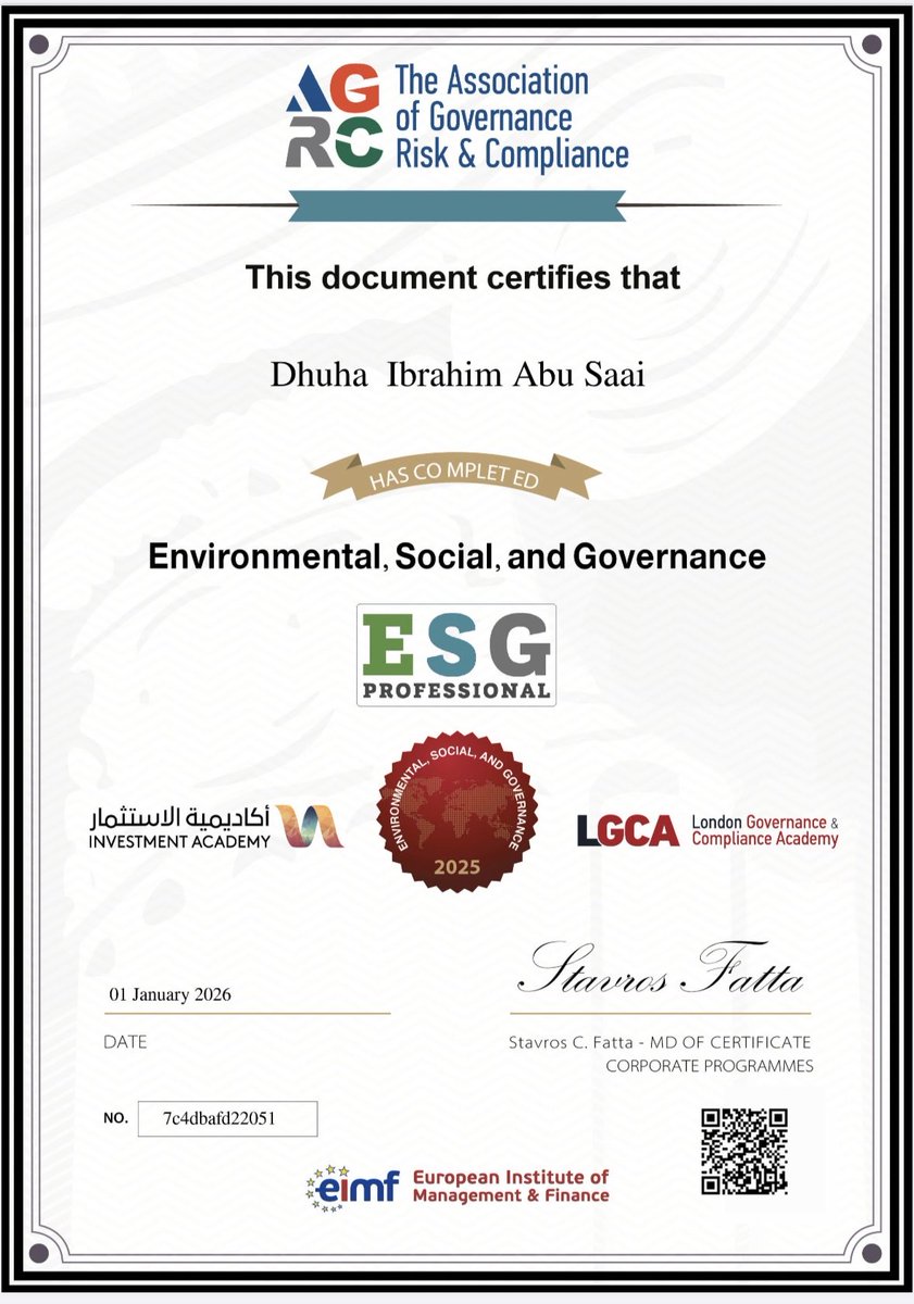 الحمدلله اجتزت اختبار ESG و تم حصولي على الشهادة.

يارب لك الحمد و الشكر 🤲🏼