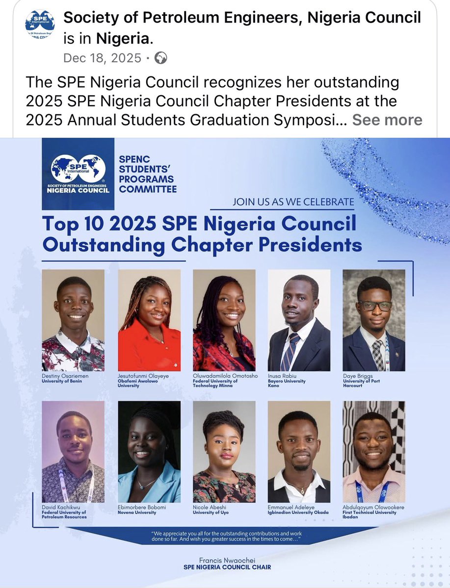 i_Bodmas's tweet photo. Honored to be recognized by SPE Nigeria Council as one of the Top 10 Outstanding Chapter Presidents, 2025. 

Though some time has passed, I remain thankful for the lessons, teamwork, and service that shaped the journey. Onward to greater impact. https://t.co/iZHg60is2E