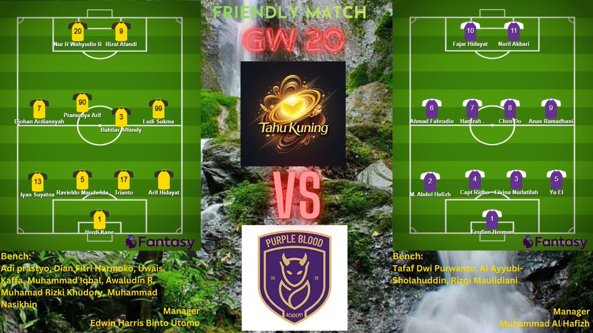 FRIENDLY MATCH ⚽️🏟️ 

Tahu Kuning Kediri managed <a href="/edwinharris123/">Edwin Harris</a> VS PURPLE BLOOD ACADEMY managed <a href="/sangpencarinama/">Nama Masih Dicari</a> 

It's an honor to host the first Legs of our Friendly Match in Kediri
Enjoy the trips and meals, but sorry, the victory is mine 🔥🔥🔥
