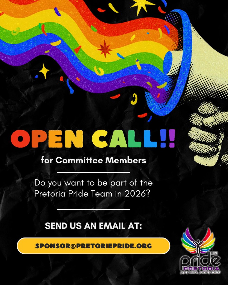 Do you want to be part of the Pretoria Pride Committee for 2026 send us a email today sponsor@pretoriapride.org

#pretoriapride #ptapride2026 #BiggerTogether #DiversityInAction #equalityforall