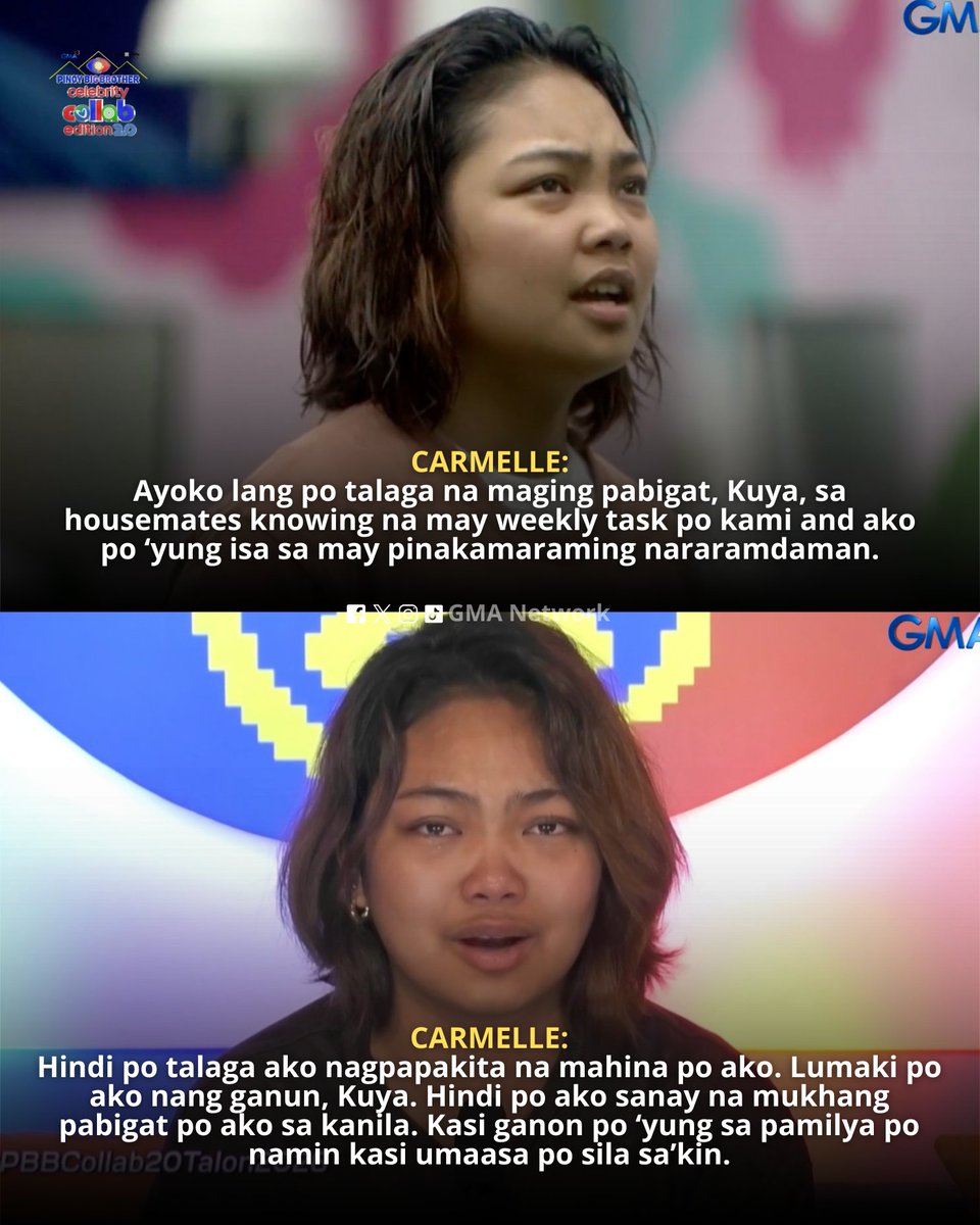 gmanetwork's tweet photo. #PBBCollab20Talon2026: "Carmelle, ang dami mo naman nang napatunayan, tapos iisipin mong pabigat ka?" - Kuya 🥺

Watch #GMAPBBCollab on weekdays at 9:40 PM and on weekends at 6:15 PM on GMA! 

For PBB All-Access Livestream, visit: https://t.co/Wy2tyyCcUl https://t.co/Tzx90eD2pW