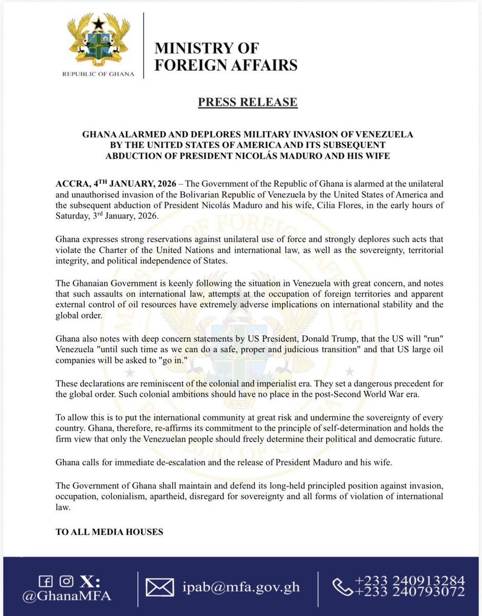 Government of Ghana condemns US invasion of Venezuela and the abduction of its President !