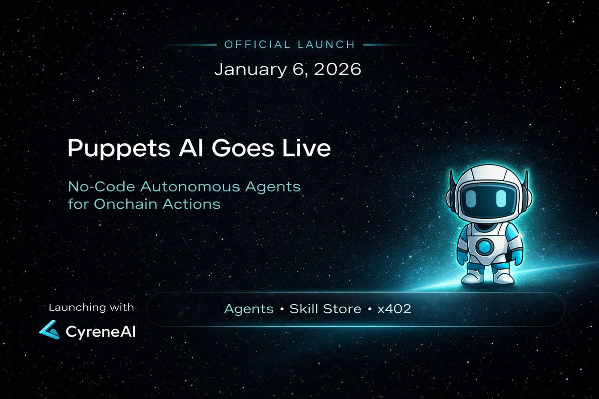ThePuppetsAI's tweet image. 🚀BIG NEWS: Puppets AI officially launches January 6 on @CyreneAI  ! Empower the agentic future. 

2026 is the year of truly autonomous Web3 systems—join us and build limitless automation!Be first: cyreneai.com/preview-page/p…