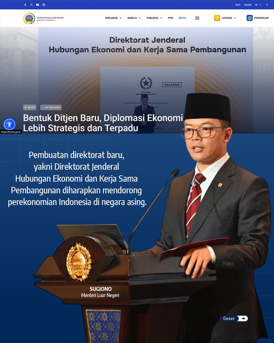 33officialdotid's tweet photo. Diplomasi Indonesia kini makin berorientasi hasil.
Menteri Luar Negeri RI Sugiono mengungkapkan, Kemlu membentuk Direktorat Jenderal Hubungan Ekonomi dan Kerja Sama Pembangunan untuk mendorong manfaat ekonomi nyata dari kerja sama luar negeri.

#KemluRI #DiplomasiEkonomi https://t.co/RXah3YIhrs
