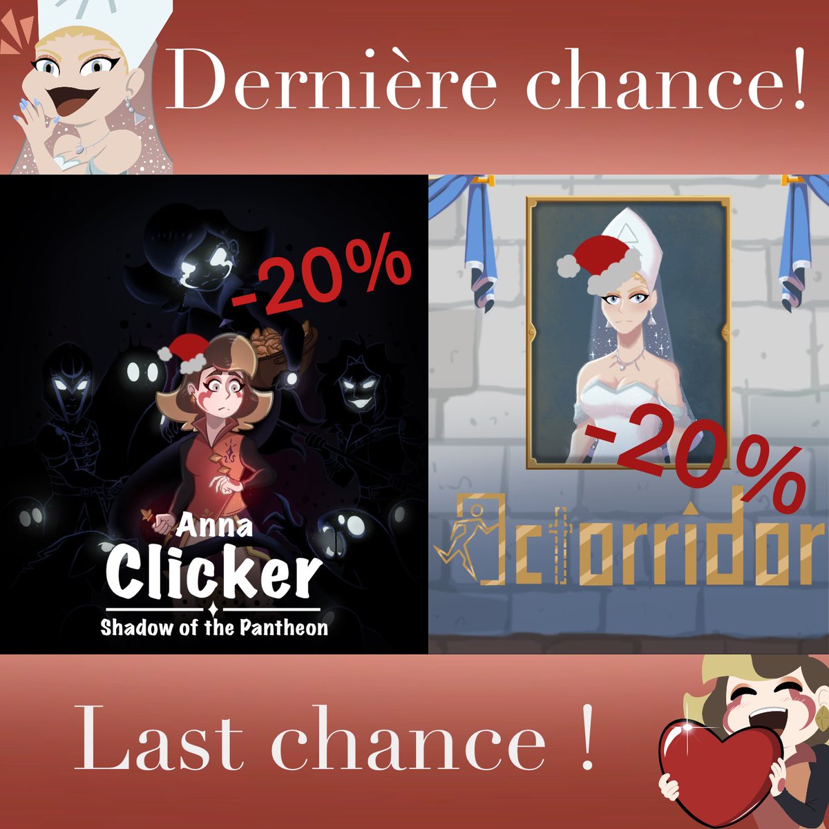 Dernière chance!🚨⚠️
Plus que 2 jours pour obtenir Anna Clicker et Octorridor en réduction! Profitez en!

Last chance! 🚨⚠️
Only 2 days left to obtain Anna Clicker and/or Octorridor with 20% off! 

Anna Clicker: store.steampowered.com/app/2924350/An…

Octorridor: store.steampowered.com/app/3650250/Oc…