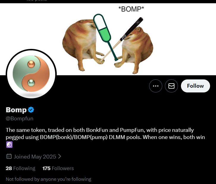 DegenCapitalLLC's tweet image. $BOMP - @Bompfun 
70k mcap

Never seen this concept before.

Token launched on both pump fun and bonk, tokens are pegged to each other by the DLMM.

When one moves, so does the other.

CfJxopGjVVPWsbaDM8izGbi3gL5U2C4tDYxeX32dpump

jjUNFsJ4mvGYNhbNtJsQnghmp5WT2GVTjeytCtxbonk