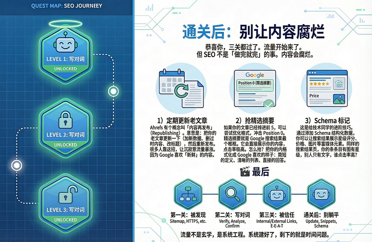 🌟通关后：别让内容腐烂恭喜你，三关都过了。流量开始来了。 但SEO 不是「做完就完」的事。内容会腐烂。 1）定期更新老文章