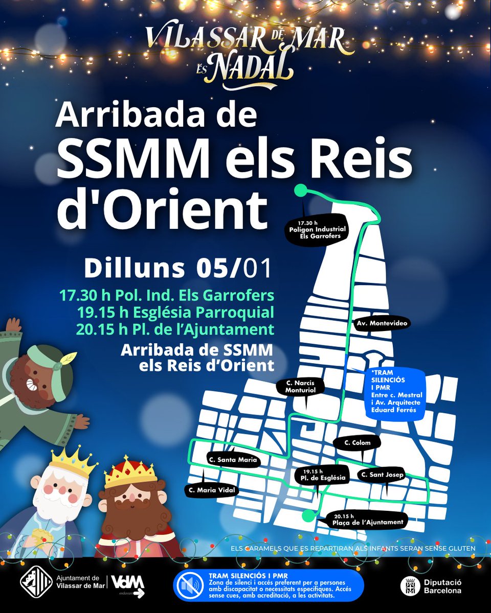 VilassardeMar's tweet photo. ✨👑 Els carrers del nostre poble ja respiren il·lusió… SSMM els Reis d’Orient arriben dilluns per compartir somriures, emocions i somnis amb tothom!
 
📆 Dilluns 5 de gener
🕐 Inici cavalcada: 17.30 h
ℹ️ Consulta el recorregut: https://t.co/2MctbjgRYG https://t.co/EHVgia1AHh