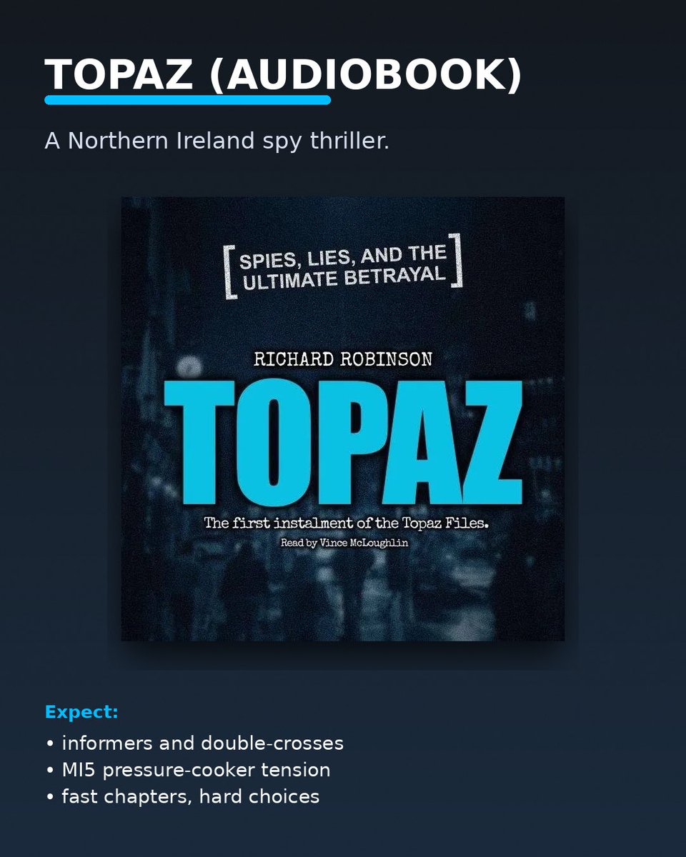 TheTopazFiles's tweet image. TOPAZ, the first Topaz Files thriller is now on audiobook 

Spies, lies, and the ultimate betrayal. Belfast. Informers. Double-crosses. Cat-and-mouse tension.

🎧 Audible, Amazon, Spotify, Kobo, Apple

#Audiobook #SpyThriller #SpyFiction #ThrillerBooks #UKAuthors #NorthernIreland