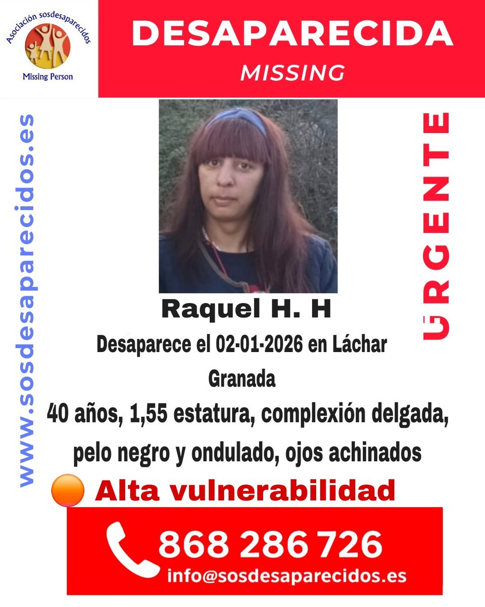 🆘 DESAPARECIDA
🟠 Persona Vulnerable 
#sosdesaparecidos #Desaparecido #Missing #España #Láchar #Granada
Fuente: sosdesaparecidos
Síguenos <a href="/sosdesaparecido/">ALERTA DESAPARECIDOS</a>