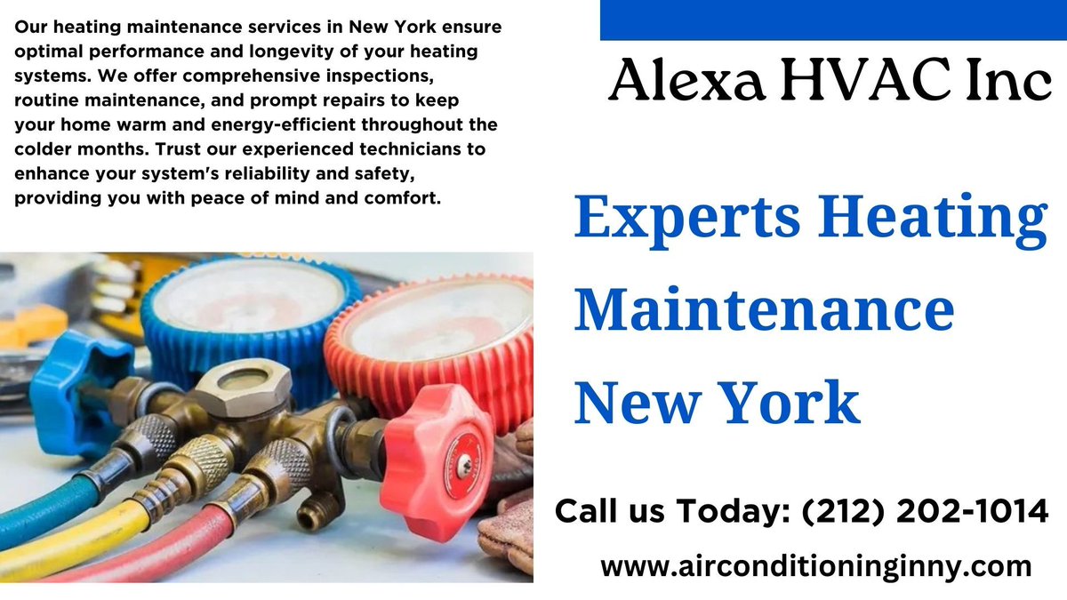 AlexaHvac's tweet photo. Stay warm this winter with our comprehensive heating maintenance services in New York. We guarantee reliable performance and peace of mind for your home Call us Today: (212) 202-1014 or visit: https://t.co/cs1TwexWRi
#Heating, #HeatingRepair, #Furnace, #FurnaceRepair, #Boilers https://t.co/CLpd2Gf5mg