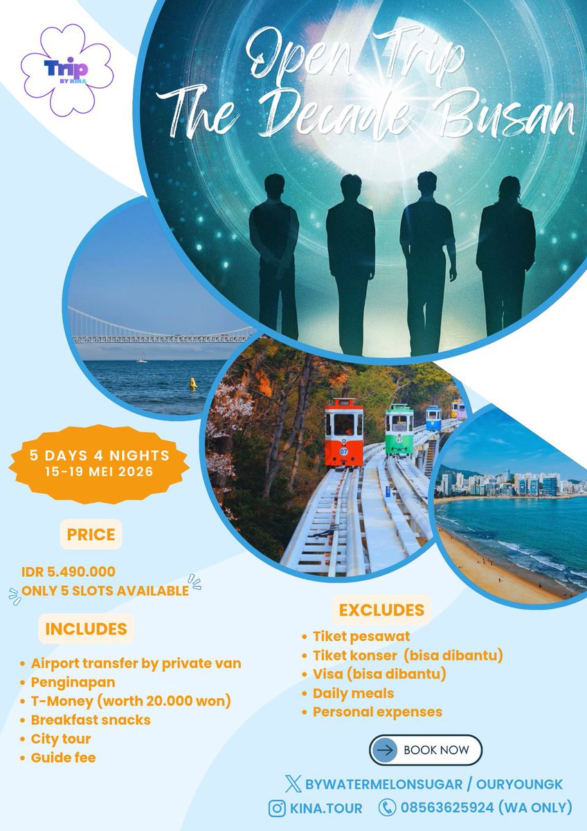 OPEN TRIP DAY6 THE DECADE BUSAN 🇰🇷
📆 15–19 Mei 2026 (5D4N)
🌸 Spring season (cuaca sejuk &amp; nyaman)

🎸 DAY6 Concert Tour – Busan
Hometown Sungjin &amp; Dowoon🐻🐶
🎟️ Tiket konser bisa dibantu

💰 IDR 5.490.000
⚠️ ONLY 5 SLOTS ⚠️

📩 WA 08563625924
IG: kina.tour