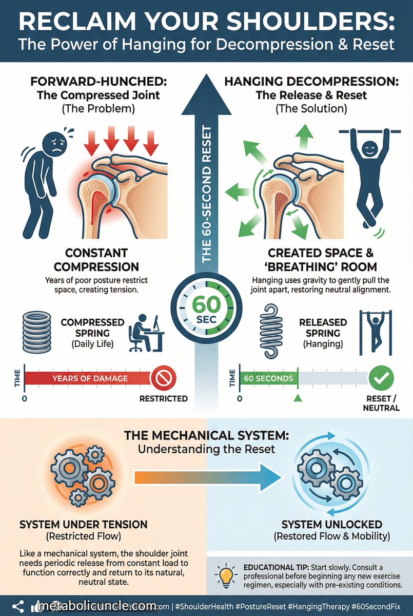 MetabolicUncle's tweet image. DEAD HANGING IS ESSENTIAL MAINTENANCE AND THE MOST POTENT PHYSIOLOGICAL STIMULUS

We discussed recently the strong hormonal effects that dead or active hanging has on the body. But it has beyond that a plethora of positive effects.

For most of human history, overhead reaching…