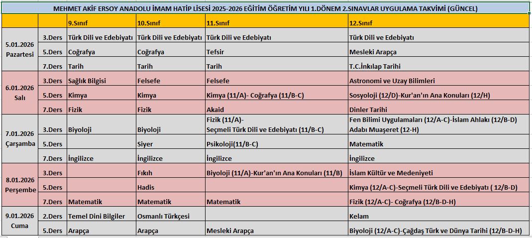 1.Dönem 2.Sınav Takvimi