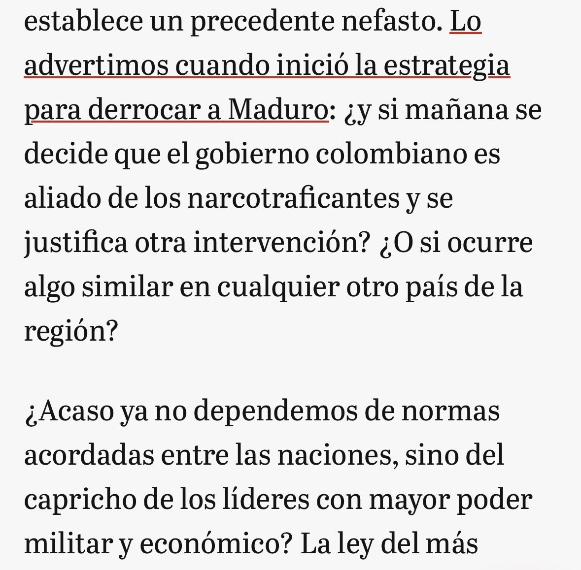 No somos venezolanos, pero somos colombianos y estamos obligados a reaccionar con precaución y crítica ante lo que pasó en el país de al lado. No más esa vocación de colonia que tienen muchos. De acuerdo con este editorial de <a href="/elespectador/">El Espectador</a> elespectador.com/opinion/editor…