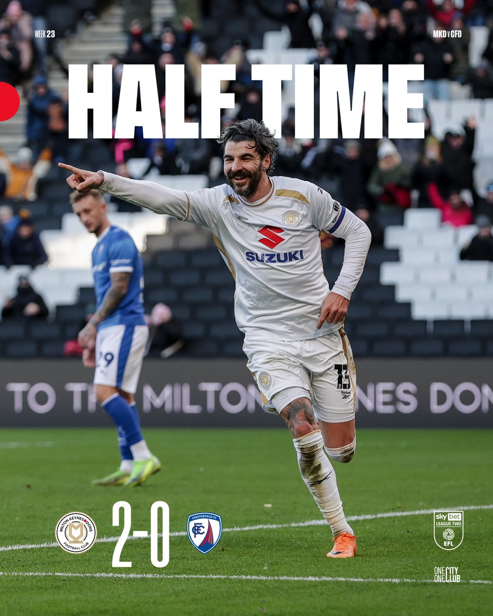 MKDonsFC's tweet photo. Half-Time ⏸️
#MKDons are two goals to the good at the interval.
#MKDCFD 2-0 | #COYD https://t.co/9j2jZf9wZD