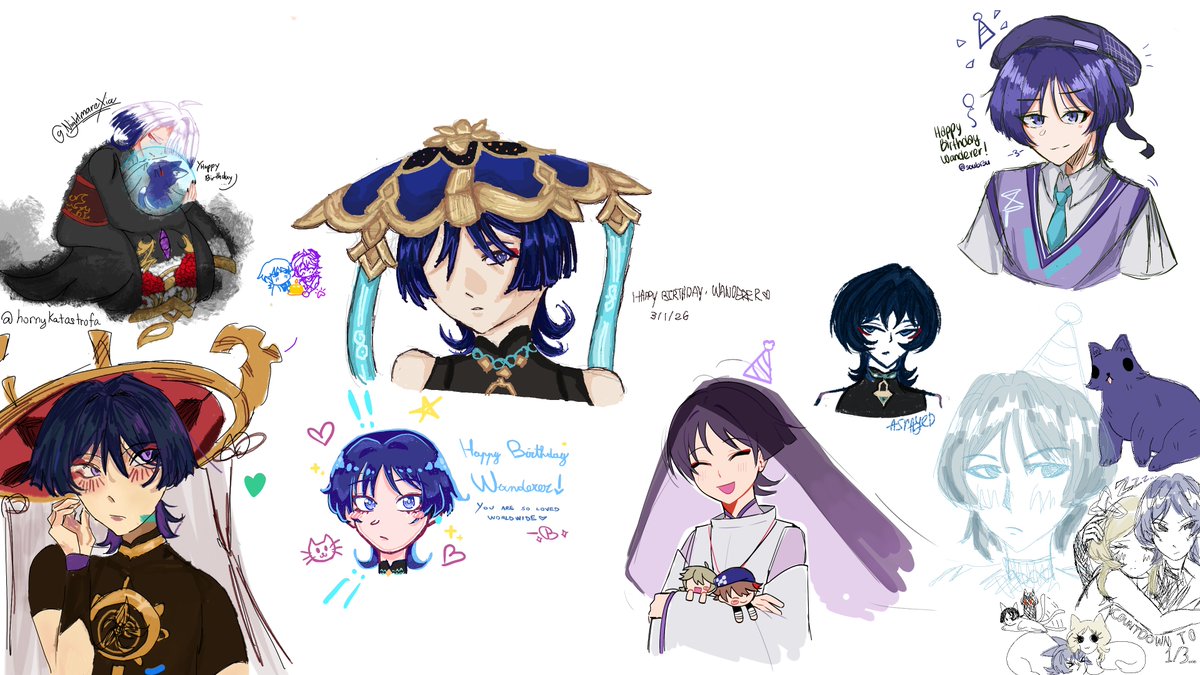happy birthday wanderer, scaramouche and kabukimono from all your fans!! 

here are the completed drawing boards, thank you everyone who participated and helped to wish our favourite wanderer a happy birthday💙💜🩷