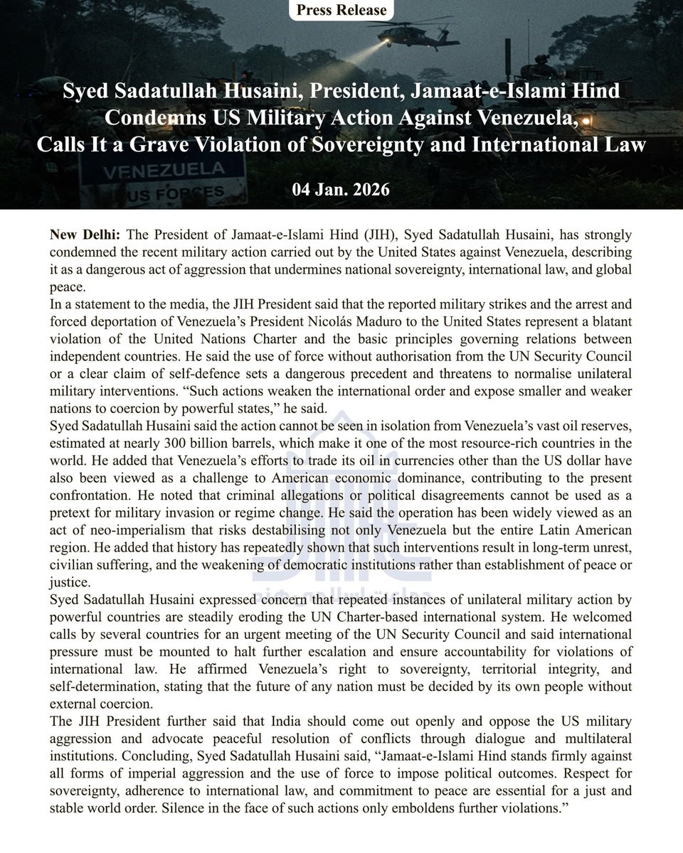 𝐒𝐲𝐞𝐝 𝐒𝐚𝐝𝐚𝐭𝐮𝐥𝐥𝐚𝐡 𝐇𝐮𝐬𝐚𝐢𝐧𝐢, 𝐏𝐫𝐞𝐬𝐢𝐝𝐞𝐧𝐭, 𝐉𝐈𝐇 𝐂𝐨𝐧𝐝𝐞𝐦𝐧𝐬 𝐔𝐒 𝐌𝐢𝐥𝐢𝐭𝐚𝐫𝐲 𝐀𝐜𝐭𝐢𝐨𝐧 𝐀𝐠𝐚𝐢𝐧𝐬𝐭 𝐕𝐞𝐧𝐞𝐳𝐮𝐞𝐥𝐚, 𝐂𝐚𝐥𝐥𝐬 𝐈𝐭 𝐚 𝐆𝐫𝐚𝐯𝐞 𝐕𝐢𝐨𝐥𝐚𝐭𝐢𝐨𝐧 𝐨𝐟 𝐒𝐨𝐯𝐞𝐫𝐞𝐢𝐠𝐧𝐭𝐲 𝐚𝐧𝐝 𝐈𝐧𝐭𝐞𝐫𝐧𝐚𝐭𝐢𝐨𝐧𝐚𝐥 𝐋𝐚𝐰