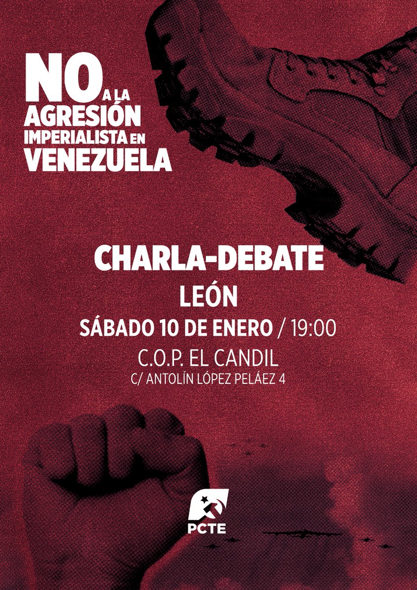 #Venezuela #ElCandil #León

🗣️El Sábado 10 de enero, ante la agresión imperialista en Venezuela, el COP El Candil desarrollará una charla debate a la que todos y todas estáis invitados a participar.✍🏻

👉🏻Solidaridad con el pueblo de Venezuela. 🫂