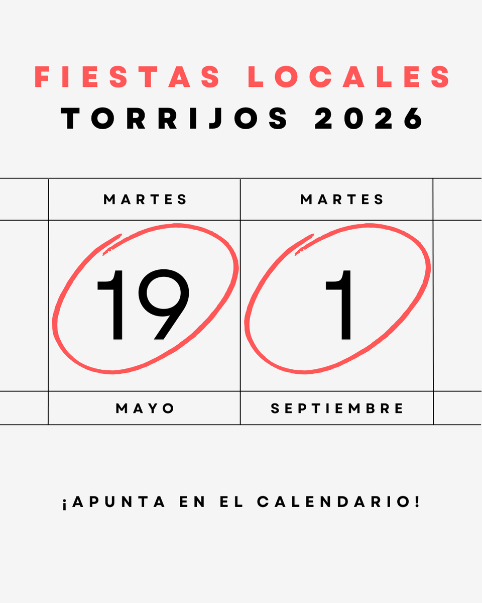 🎉 FESTIVOS EN TORRIJOS 2️⃣0️⃣2️⃣6️⃣

Ya han sido publicados los festivos locales en el BOP de Toledo.

En #Torrijos, este año 2026 serán festivos:

📅 El martes 1️⃣9️⃣ de mayo, día del Stmo. Cristo de la Sangre.

📅 El martes 1️⃣ de septiembre, día de San Gil.