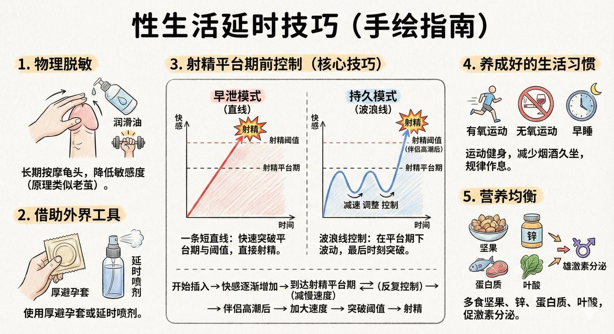 DSM_BTC's tweet photo. 男性性生活延时技巧
第二期来了！

只要掌握了这些方法，人人都可以金枪不倒，30分钟起步:

1.物理脱敏:
按摩龟头，
自己或者让你的对象帮你，
在手上抹些润滑油龟责，
长期坚持可以降低龟头的敏感度，
原理类似撸铁后让手部起老茧。

2.借助外界工具脱敏:
戴厚一点的避孕套，
喷延时喷剂。

3.在射精平台期前控制:
这是最难也最有效的方法，
需要多次练习，
并对自己的身体有足够理解才能掌握。

首先，对于男性的从开始插入到最后完成射精的全过程，
分为以下6个阶段:
开始插入→快感逐渐增加→到达射精平台期→快感继续积累→突破射精阈值→射精

男性要想提升持久度，
就要准确识别射精平台期的感觉，
到达这个点就减慢速度和幅度，

如此反复，
等到你的伴侣高潮后，
你再加大速度和幅度，突破射精阈值并完成高潮。

某些男性之所以早泄，
就是因为不懂得在射精平台期控制自己的身体，
全程是一条斜向上的直线:
突破平台期→突破射精阈值→射精

而持久的性生活应该是一开始呈波浪形的曲线，最后一刻才完成突破病射精

4.养成好的生活习惯:
减少久坐，烟酒，熬夜，
有氧运动锻炼心肺功能，
无氧运动锻炼腰腹力量和臀腿。

5.营养均衡:
多吃坚果（核桃，杏仁，巴西坚果，南瓜籽），多补充锌，叶酸，蛋白质，促进雄激素分泌。

#口交