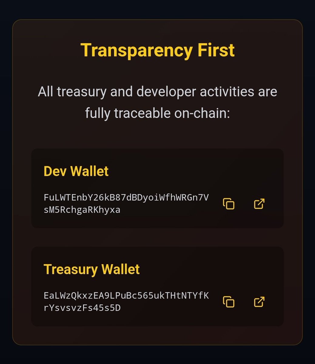 🔍 Transparency First. Always.

Dev wallet and treasury wallet are 100% on-chain and fully traceable.

No hidden moves.
No shadow wallets.
Everything is public.

👨‍💻 Dev Wallet
FuLWTEnbY26kB87dBDyoiWfhwRGn7VsM5RchgaRKhyxa

🏦 Treasury / Marketing Wallet