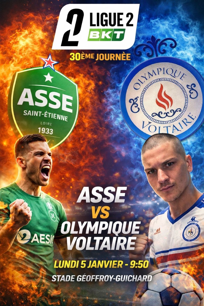 hugo30228860262's tweet photo. 🚨 LIGUE 2 – J30 : ASSE vs Olympique Voltaire
⚔️ Un choc direct au classement entre deux prétendants aux premières places !
🏟️ Geoffroy-Guichard
📅 Lundi 5 janvier | ⏰ 9h50
#Ligue2 #J30 #ASSE #OlympiqueVoltaire #MatchChoc https://t.co/KcmaymZIaZ