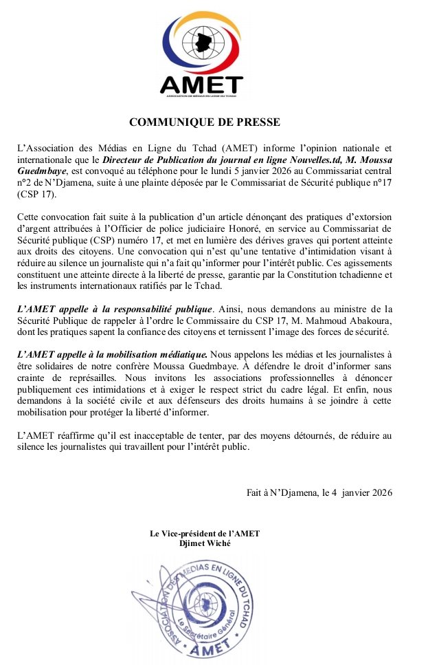 #Tchad je suis convoqué ce lundi 5 janvier 2025 au commissariat central 2 de Ndjamena. C'est suite à mon article intitulé : "Quand la garde à vue devient une amende au CSP 17".
