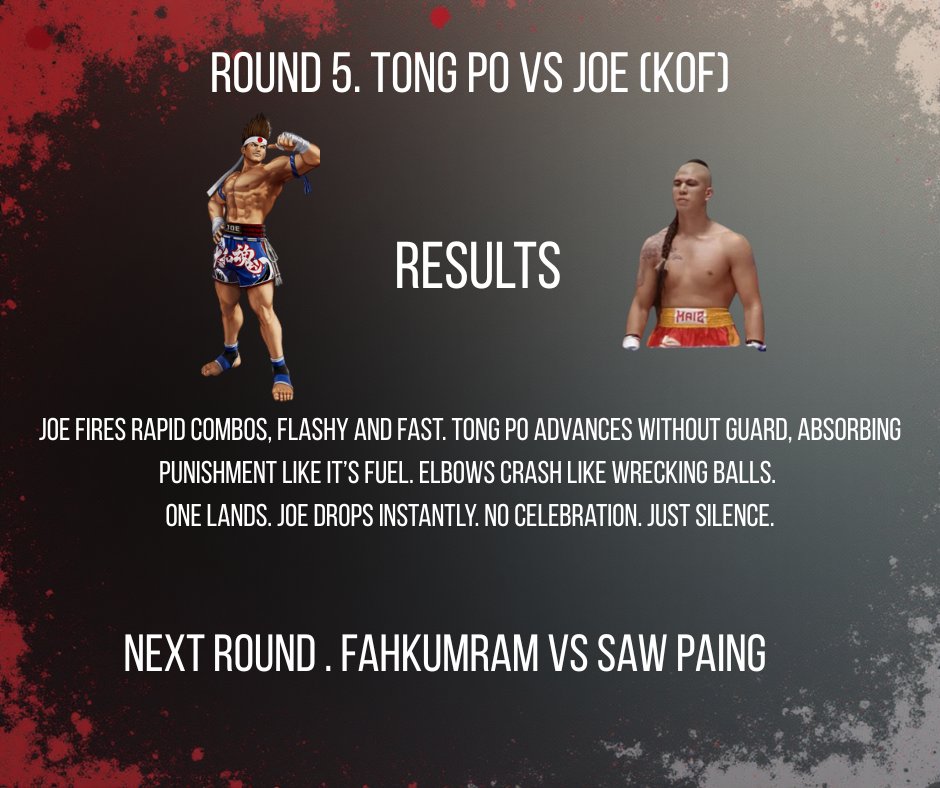 HandbookMusic's tweet image. Round 5. Tong Po vs Joe (KOF)

THIS WAS NEVER A FAIR FIGHT 🩸

Tong Po doesn’t play games.

Joe learned that the hard way.

Elbow = shutdown.

#TongPo #DarkKumite #Brutal #KO