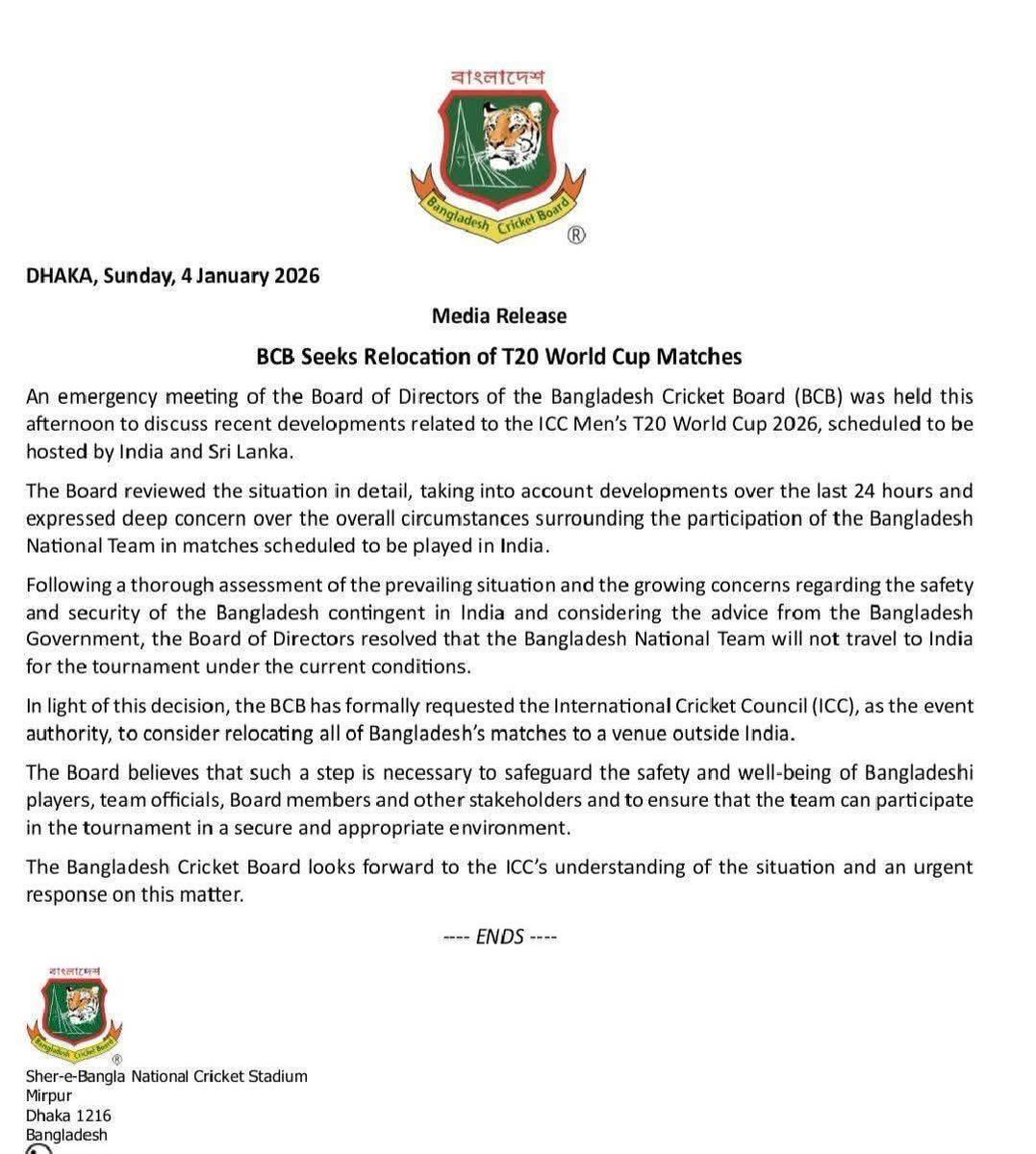 Confirmed- Bangladesh team will not travel to India to play in the upcoming T20i World Cup. 

Now both Bangladesh 🇧🇩 and Pakistan 🇵🇰 will play their entire tournament in Sri Lanka.