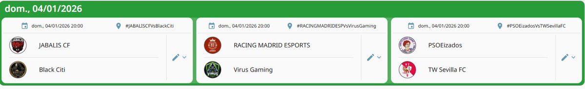 Los partidos de hoy!!!
#JABALISCFVsBlackCiti
#RACINGMADRIDESPVsVirusGaming
#PSOEizadosVsTWSevillaFC