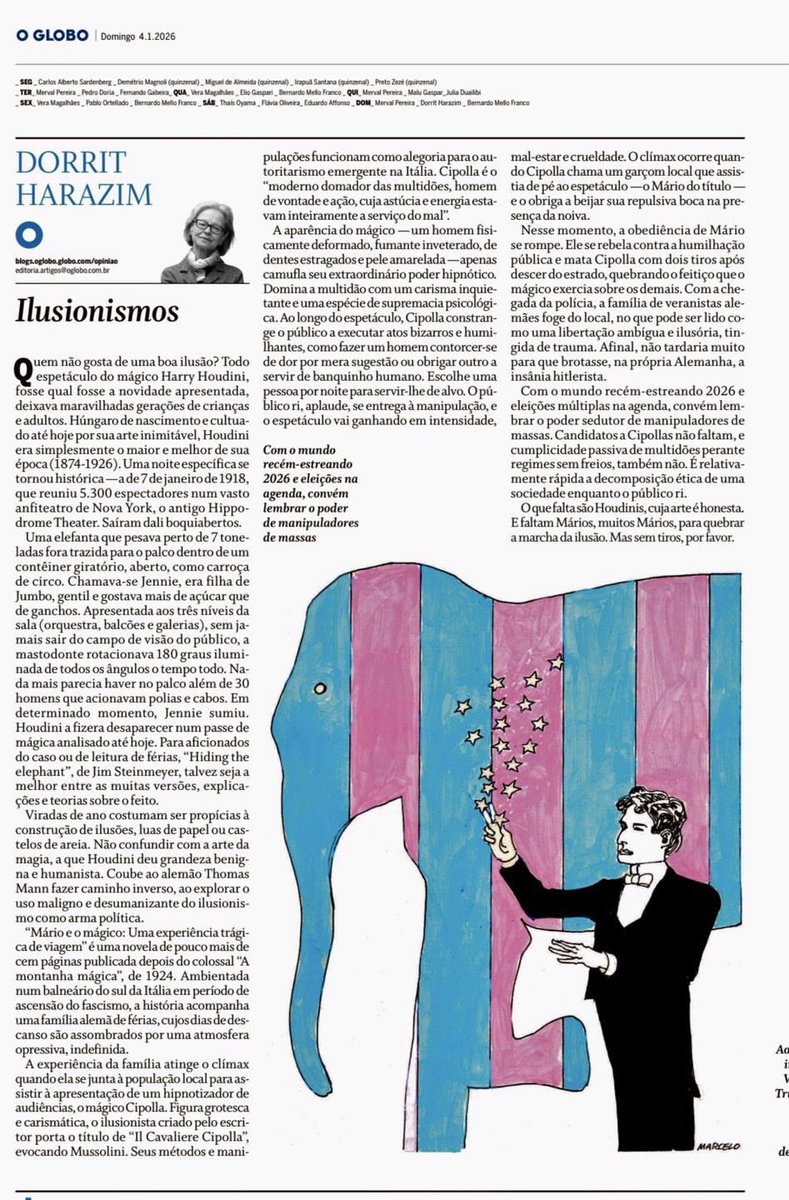 Um dos textos mais bonitos e verdadeiros que li hoje, da lavra da querida <a href="/dorritharazim/">Dorrit Harazim</a>, graças à generosidade da <a href="/Josie_Melo/">Josie Melo 🇧🇷ela é nossa</a>. “Com o mundo recém-estreando 2026 e eleições múltiplas na agenda, convém lembrar o poder sedutor de manipuladores de massas. Candidatos a Cipollas não
