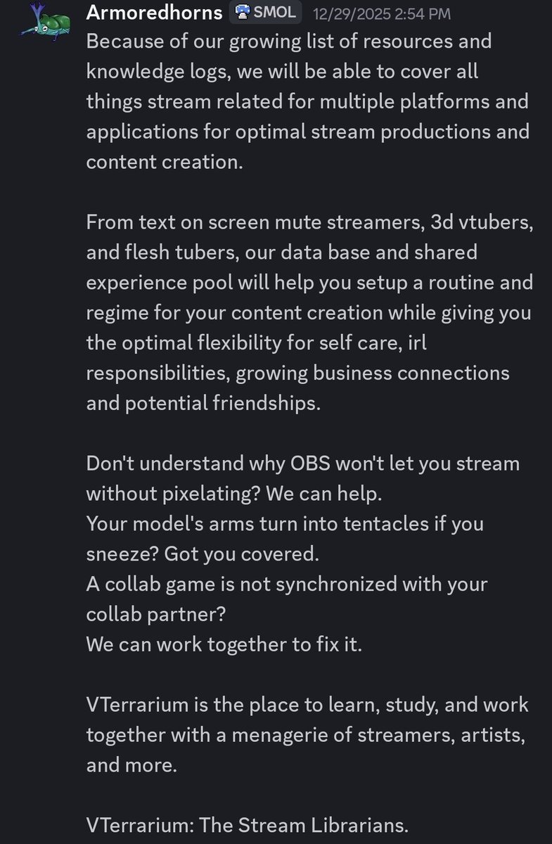 VTerrariumtrue's tweet image. Hello Hello!
We are VTerrarium!
The stream librarium!
Currently a growing group under the lead of @ArmoredhornsVT!
We are both a knowledge base and a collab server
More details in the photo below!