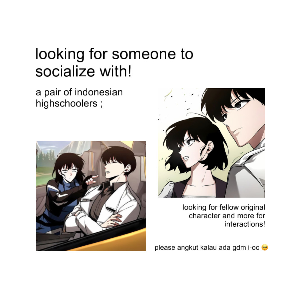 Salam, penghuni !2DFESS — dua orang siswa dan siswi yang baru saja dihidupkan hendak memulai cerita bersama. Tinggalkan jejak IC beserta dengan siapa ingin berinteraksi (🦑 — tuan, 🐈‍⬛️ — puan ) atau hijaukan tombol untuk berinteraksi di lain hari.

[ i-oc ]