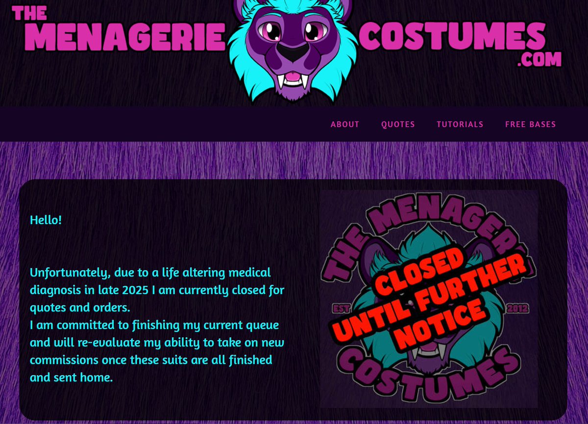 TMCfursuits's tweet image. Hello all!
Due to my ongoing health struggles I am closed for quotes and orders until further notice.
I will re-evaluate my ability to take on new commissions once my current queue is completed.