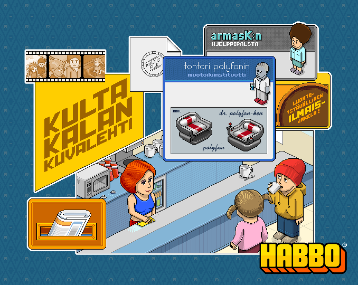 in 2001, we launched a webzine called 𝘬𝘶𝘭𝘵𝘢𝘬𝘢𝘭𝘢𝘯𝘬𝘶𝘷𝘢𝘭𝘦𝘩𝘵𝘪.

after help from @Habbion and <a href="/Kriegberg/">Kriegberg</a>, we got images from the original, including a mock advert for a retro chair (see pic)

get it from the Collectibles Shop on Jan 7th! (another pic in the 🧵⬇️)