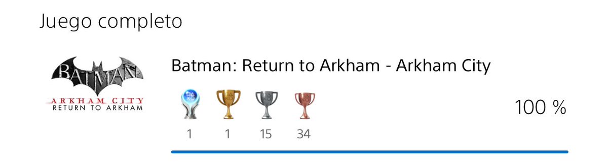 Comenzamos el año saldando una larga deuda pendiente con el platino de Batman: Arkham City.

Con este ya tengo por fin platinada toda la trilogía de Rocksteady. 😁

PD: Siguen siendo los mejores juegos de superhéroes que existen.