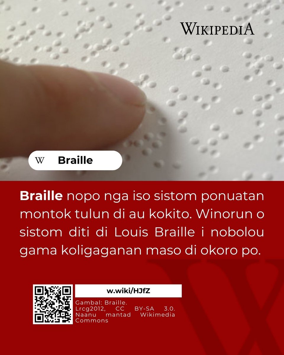 Oponsol o sistom ponuatan Braille sabaagi medium komunikasi montok tulun di bolou toi ko' au songkuro kokito. Kotobian Tadau Braille!

Basao' potilombus kokomoi Braille id w.wiki/HJfZ

#tadaubraille
#wikipediaboroskadazandusun