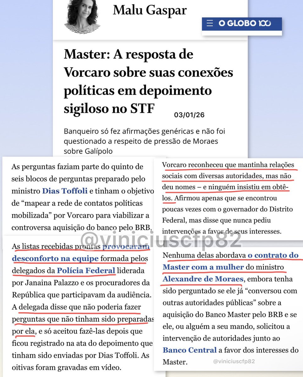 De acordo com a matéria, as perguntas foram escritas por Toffoli e a delegada da PF não poderia fazer outras perguntas. Nenhuma pergunta abordou o contrato do Banco Master com a mulher de Moraes. Vorcaro admitiu ter diversas relações com autoridades, mas não citou nomes e ninguém