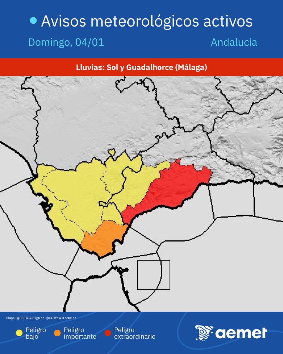 🔴 AVISO ROJO | LLuvias torrenciales. Sol y Guadalhorce (Málaga)

🌧 Más de 120 mm en menos de 12 horas. Peligro extraordinario.

⚠️ Posibles inundaciones y crecidas. Evita cauces y zonas inundables. Siga recomendaciones de Protección Civil.

⌚️En vigor hasta 23:59 del domingo 4.