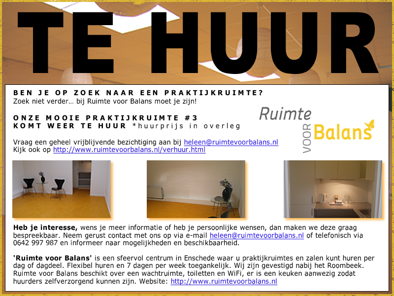 RuimteBalans's tweet photo. >>TE HUUR<< Ben je op zoek naar een werk- of praktijkruimte? Zoek niet verder… bij Ruimte voor Balans moet je zijn!😊Je kunt direct reageren via e-mail heleen@ruimtevoorbalans.nl of telefonisch via 06 42 997 987 #huur #praktijkruimte #tehuur #enschede https://t.co/245sA1Eex7