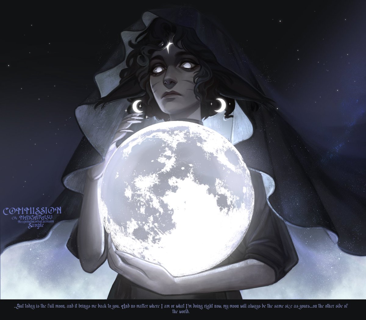 Gift commission for dear friend 🌙
«..But today is the full moon, and it brings me back to you. And no matter where I am or what I'm doing right now, my moon will always be the same size as yours...on the other side of the world.»
#art #commissionart