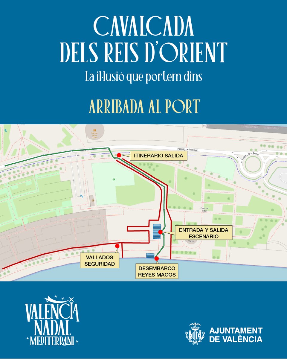 AjuntamentVLC's tweet image. 👑🌊 Demà arriben els Reis d'Orient a #València per mar!
🗺️Consulta els plànols de la #CavalcadaVLC i els accessos de l'arribada al Port.
♿Zones accessibles, voluntariat d’assistència i QR inclusiu ⬇️i🪑2.500 cadires.
🔒Recorda: el 5 de gener l’Ajuntament romandrà tancat.