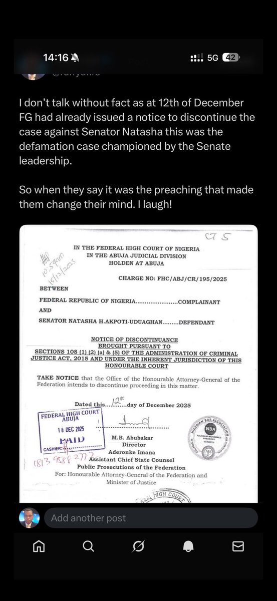 The same case they claim God had spoken to them about, the FG had discontinued the defamation case since 12th Dec.

Happy hour!