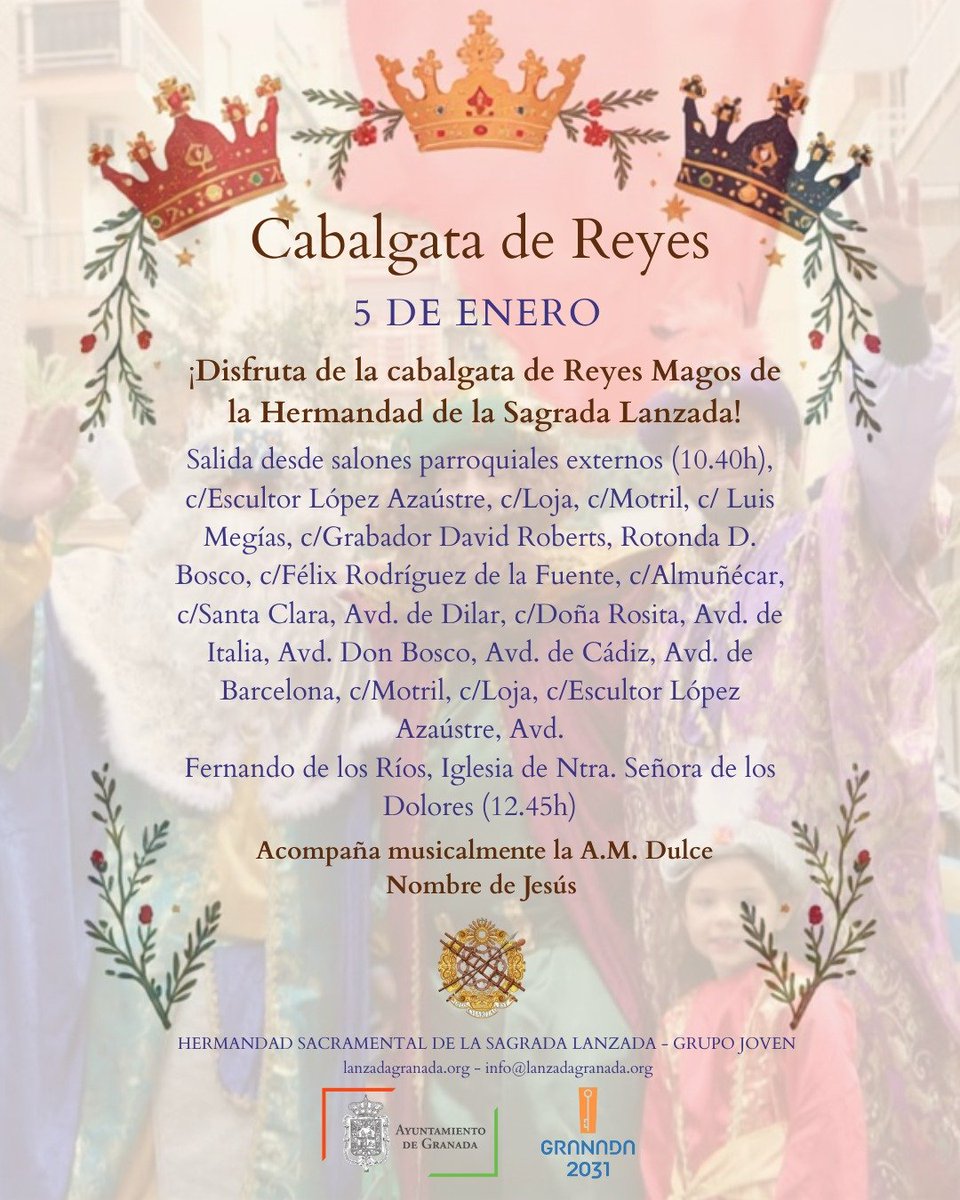 🔴 #CabalgataZaidin |
Nuestro Grupo Joven organiza mañana 5 de enero nuestra tradicional Cabalgata de Reyes del Barrio del Zaidín, con el acompañamiento musical de la Agrupación Musical “Dulce Nombre de Jesús”.